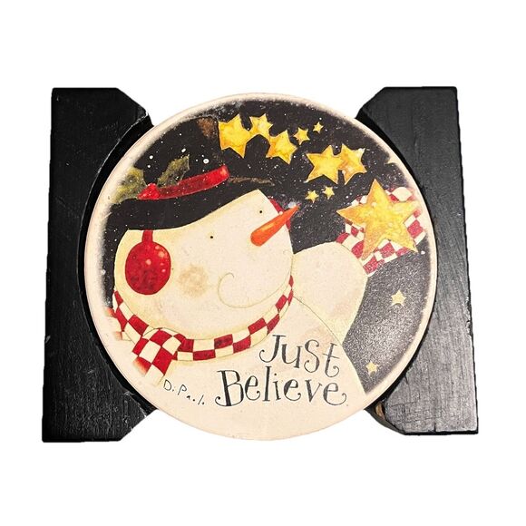 Vintage Holiday Snowman Coaster Set w Holder Just Believe Ceramic Cork Back Y2K - Picture 1 of 6